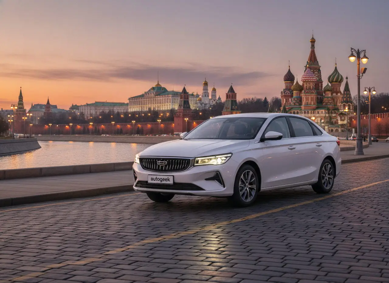 Белый седан Geely Emgrand на набережной у Кремля на закате