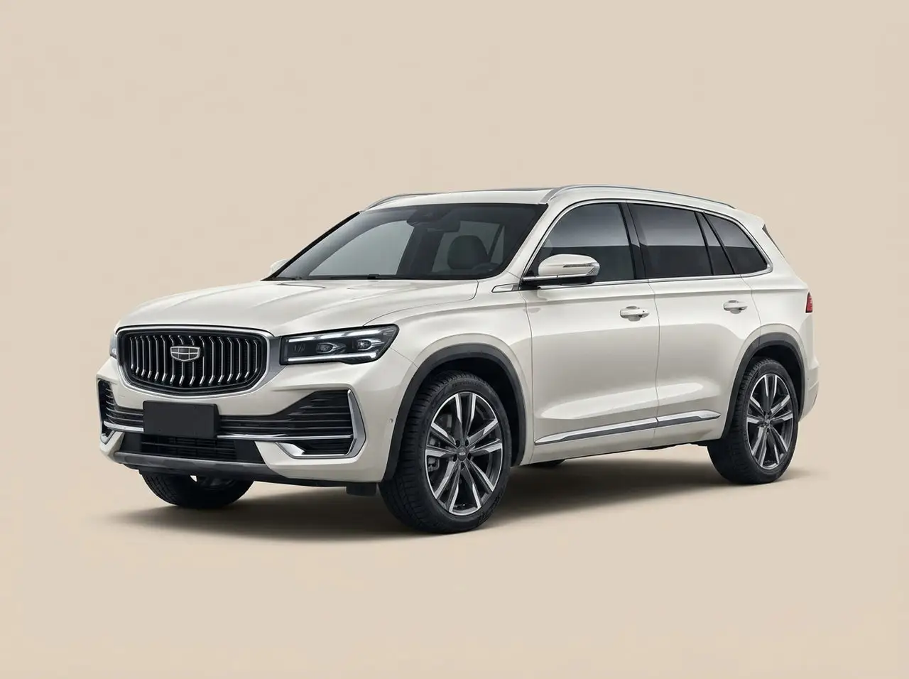 Белый Geely Monjaro, вид спереди сбоку