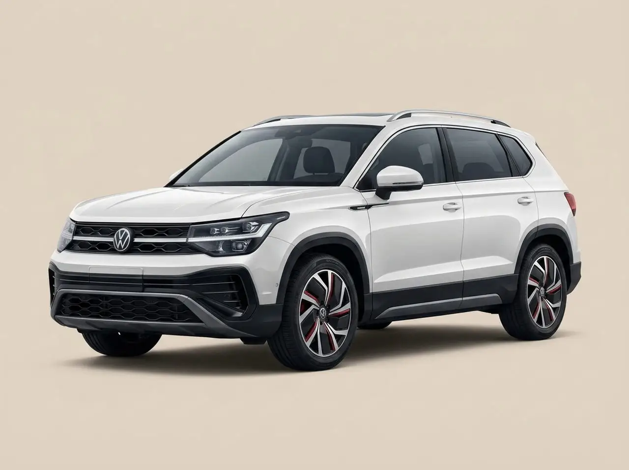 Белый Volkswagen Tharu XR спереди сбоку на светлом фоне