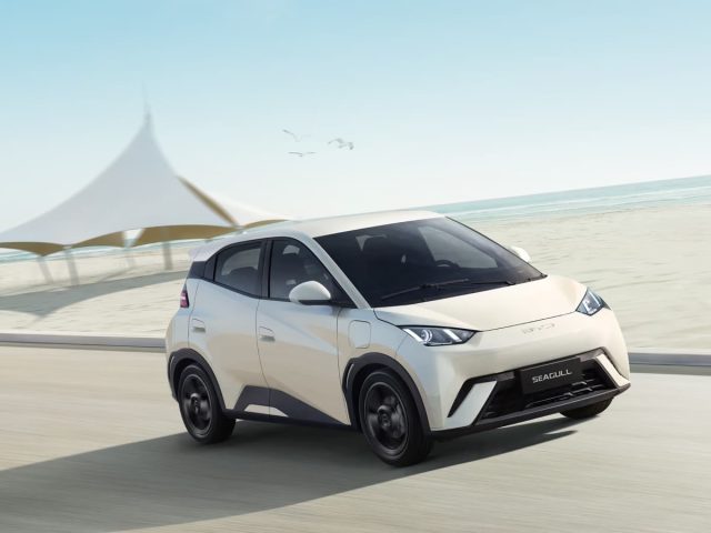 Белый BYD Seagull на прибрежной площадке