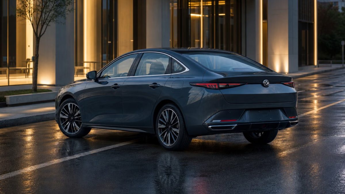 Changan Eado Plus на мокрой городской улице вечером