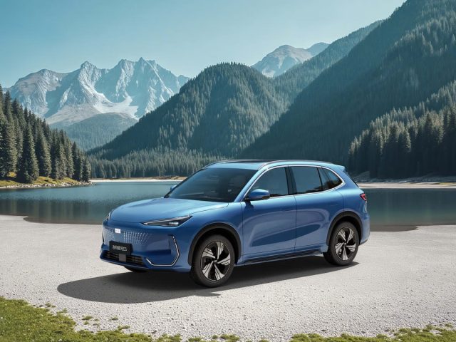 Синий Geely EX5 у горного озера