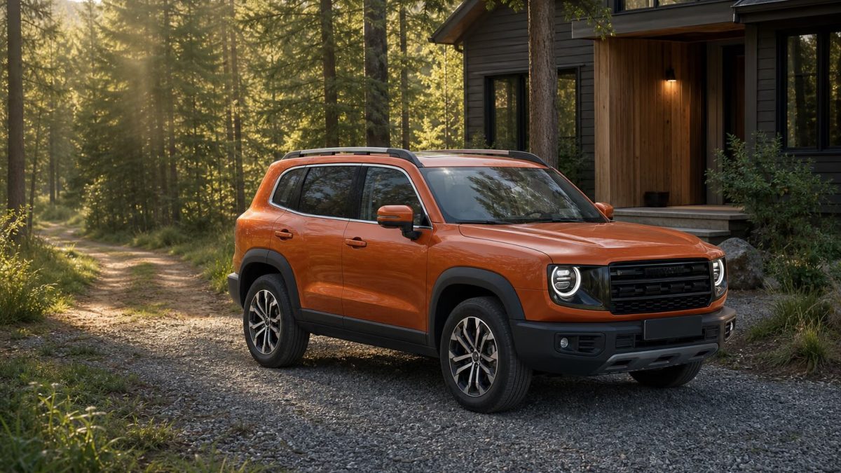 Оранжевый Haval Dargo у загородного дома и лесной дороги