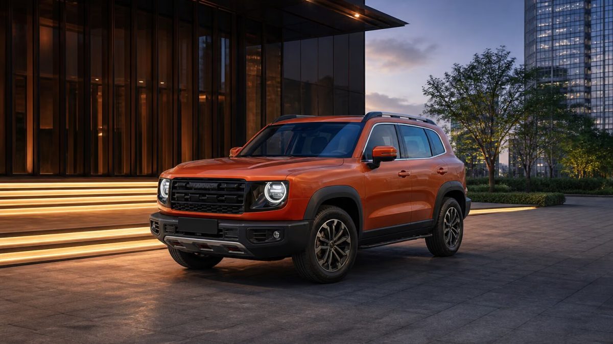 Оранжевый Haval Dargo у современной городской архитектуры