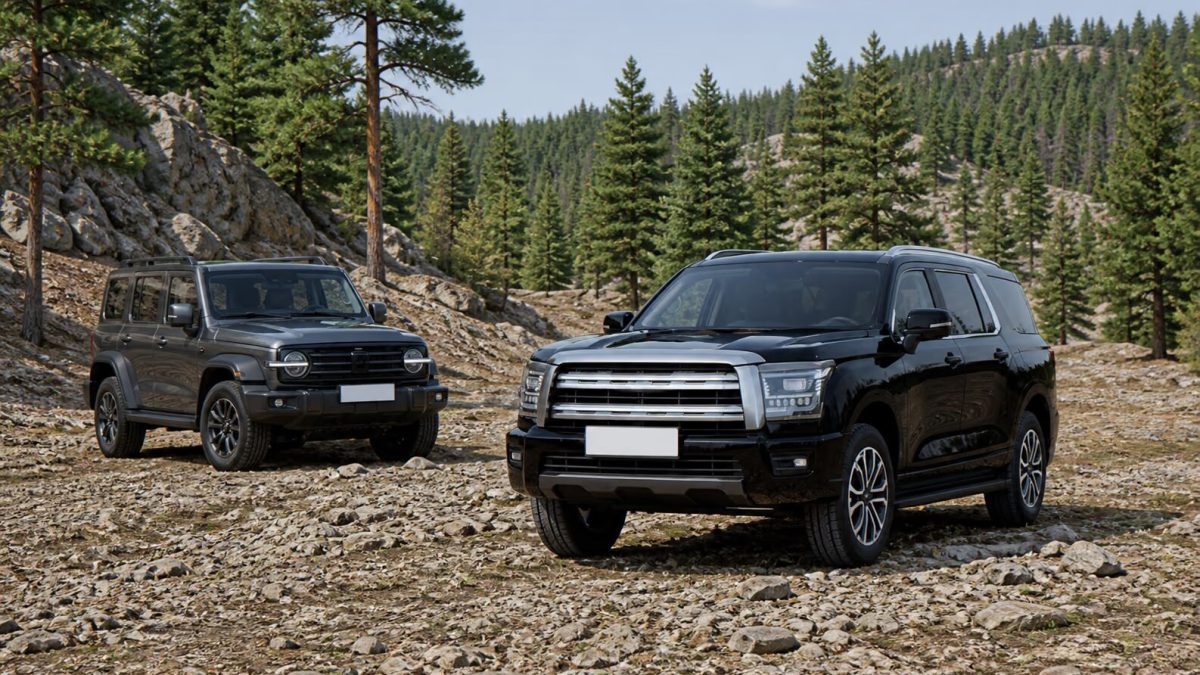 Haval H5 рядом с рамным внедорожником на каменистой дороге